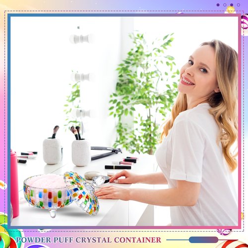 Tioncy 2 Pcs Extra Large Dusting Powder Puff and Container for Women-5.43'' Glass Crystal Dusting Powder Container with 5.91'' Body Soft Washable Reusable Velour Face(Multicolor,Weave Design)