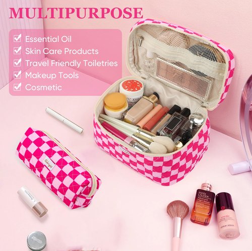 Globright 3 Pieces Makeup Bag Large Quilted Cosmetic Bag, Cotton Make Up Bag Travel Toiletry Bag for Mom Girlfriend Wife Women (Red)