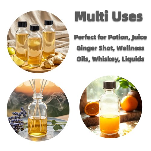 Zkupanx 6 Pack 2oz Small Clear Glass Bottles with Lids, Leak-proof 60mL Shot Bottles with Caps for Wellness, Ginger, Essential Oils, Liquids, Potion, Juice, Personal Care & Beauty