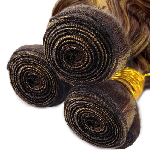 Dokksiiia Honey Blonde Body Wave Bundles Human Hair Ombre P4/27 Dark Brown and Honey Blonde (#4 & #27) Mix Highlight Piano Color Bundles Brazilian Human Hair Extensions 10 12 14 Inch for Black Women
