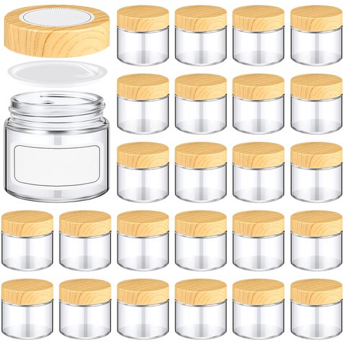 Layhit 24 Pcs 2oz Glass Jars with Lids Clear Small Jars with Plastic Woodgrain Lids, White Labels and Inner Liners Empty Round Cosmetic Containers for Creams Lotions Candle Making (2oz/ 60ml)