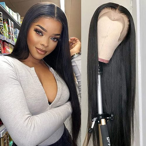 QD-Tizer Lace Front Wigs Black Color Long Straight Hair Synthetic Lace Front Wigs for Women Natural Hairline Middle Part Heat Resistant Glueless Lace Wigs 24 inch