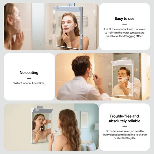 Junyaoxuan Anti-Fog Shower Mirror Fill with Hot Water for Instant Fog-Free View, No Drill Installation Shaving and Makeup Mirror with Cleaning Wiper & Razor Holder, Rust-Proof Bathroom Mirror, White