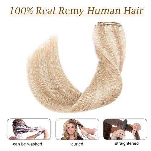 MY-LADY Double Weft 100% Remy Human Hair Clip in Extensions Highlight Full Head Thick Short Soft Silky Straight 8pcs 18clips(12" / 12 inch 110g,#18/613 Light Ash Blonde/Bleach Blonde)