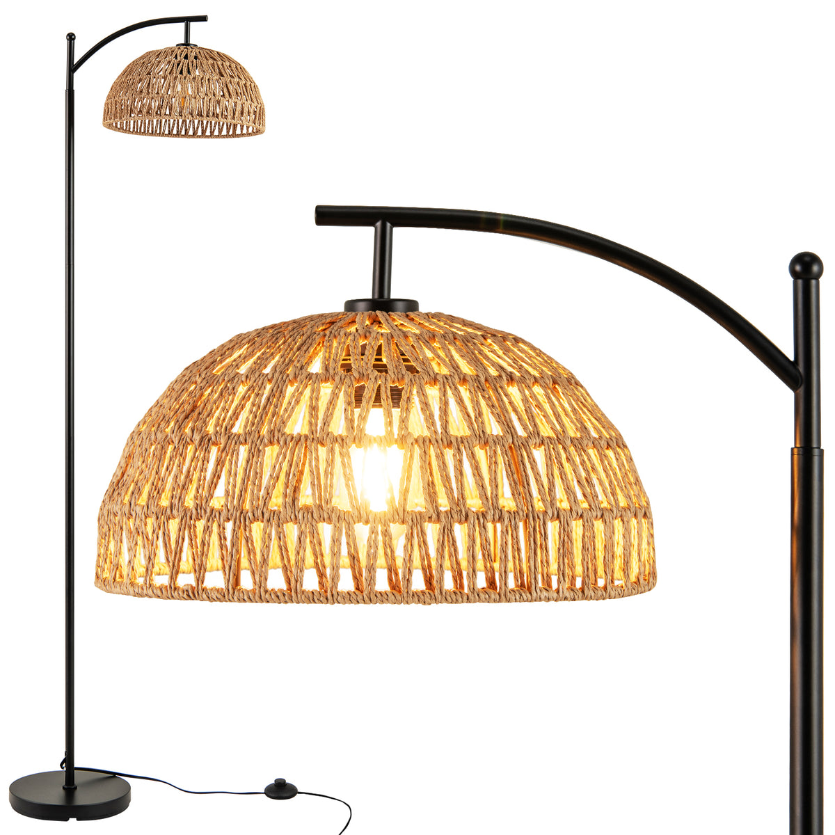 Black Arc Floor Lamp 63 Inches Tall with Hanging Lampshade - Modern Pole Light
