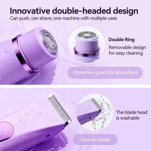 Bikini Trimmer for Women Electric–Double Head Dual Purpose, Ceramic Blade,IPX7 Waterproof,LCD Power Display,USB Rechargeable,Wet/Dry Painless Hair Removal for Face & Body (Violet)