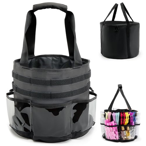 PUMHUBO Hairstylist Travel Bag, with Dust Cover, 11L Large Capacity, Heat-Resistant Interior, Clear Pockets, DIY Velcro Straps, Top Drawstring, Bathroom Cleaning/Pet Grooming Supplies Organizer