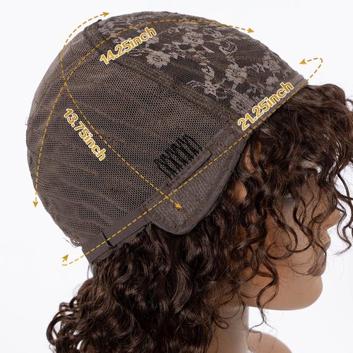 JOEDIR HAIR Short Curly Wig with Bangs Human Hair for Women Reddish Brown 12 inch Short Water Wave Bob Wig 150% Density Glueless Wig (Color: 4)