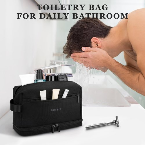 ZOMFELT Toiletry Bag for Men Women, Water Resistant Travel Dopp Kit with Dual Layers, Large Capacity Cosmetic Shower Organizer Bag for Gym Toiletries Accessories, Bathroom Essentials, Black