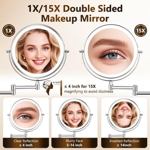 DECLUTTR Wall Mounted Lighted Makeup Mirror, Rechargeable 1X/15X Magnifying Mirror 8 Inch Double Sided, 3 Colors Vanity Mirror with Lights, Touch Dimmable 360° Rotation Foldable