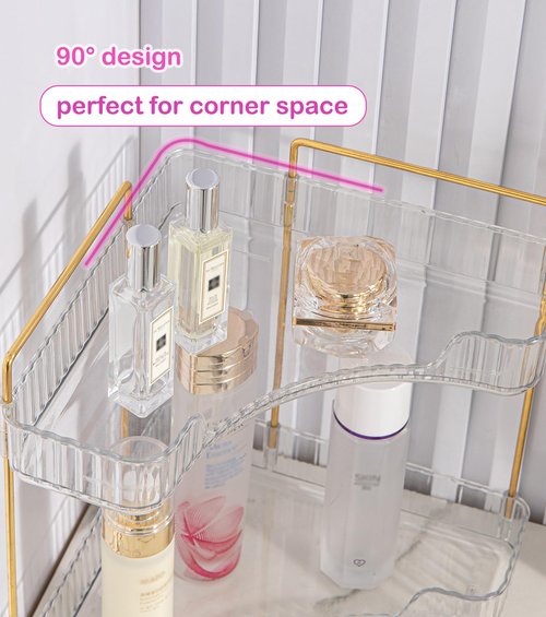 COMODID 2-Tier Clear Corner Bathroom Countertop Makeup & Perfume Organizer Shelf