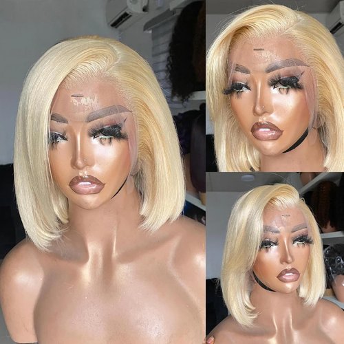 Bob Wig Human Hair 13x6 HD Frontal Lace Wig Real Human Hair 180% Density Straight Blonde 613 Human Hair Wigs for Black Women Glueless Wigs Pre Plucked Blunt Cut Wig 8 Inch