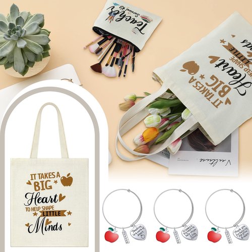 Sadnyy 9 Pcs Teacher Appreciation Gifts Sets Teacher Makeup Pouch Cosmetic Bag Teacher Tote Bag Bulk Canvas Teacher Bangle Bracelet Teacher's Day Birthday Graduation Back to School Gift for Teacher