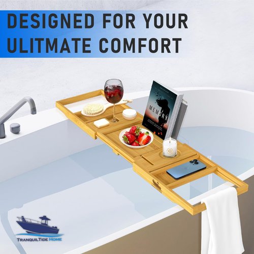 TranquilTideHome Foldable Bathtub Tray Expandable to 109cm with Bath Bomb and Scented Candle, Adjustable, Waterproof Bamboo Bathtub Caddy with Anti Slip Grip Pads for Home Spa