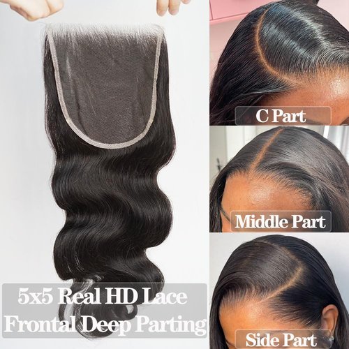 Body Wave 0.095mm Real HD 5x5 Lace Closure Invisible and Breathable Real HD Lace Closure 100% Human Hair with Tiny Single Knots Full Density Hair Natural Hairline (12inches)