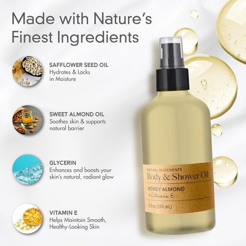 Olivia Care Nourishing Honey Almond Body Oil with Vitamin E: In-Shower Bliss for All Skin Types - 8 Fl Oz. (Honey Almond and Vitamin E)