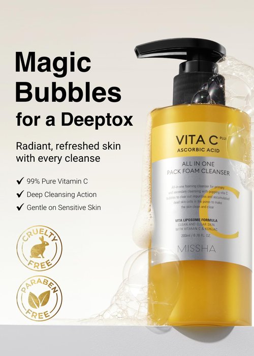 MISSHA VITA C Plus SPOT Correcting & Firming Ampoule + Vita C All-In-One Bubble Foam Facial Cleanser– Korean Skincare Duo with 99% Pure Vitamin C for Deep Pore Detox, Spot Correction, and Firming