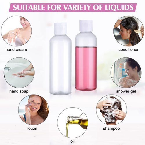 Gandeer 50 Piece 3.4 oz Travel Bottles Set Clear Plastic Refillable Squeeze Bottles with Flip Cap Dispensers and 2 Funnels for Travel-size Liquid Cosmetics(Clear, White)