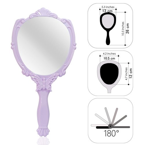 VrHere MirriM Embossed Butterfly Handheld Mirror with Folding Handle, Princess Style Girls Mirror with Handle, Purple