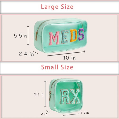 RSRSLEII 2Pcs Large Chenille Letter Clear Medicine Makeup Bag Set,Nylon PVC Waterproof Rx Meds Pouch with Metal Zipper, Cute Drug First Aid Travel Organizer for Women Girls(2pcs Mint)