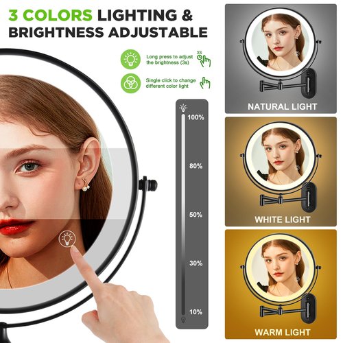 VORREMIRR Wall Mounted Makeup Mirror: 1x/15x Magnifying Mirror with 8.5" Double Sided, Vanity Makeup Mirror for Bathroom, Brush Black