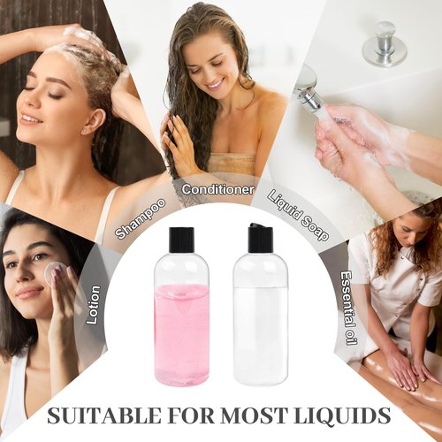Neendohome 16 oz BPA Free Plastic Suqeeze Bottles with Black Disc Caps Refillable Travel Containers for Toiletries Shampoo conditioner Lotions Liquid Soap Shower Gel (6Pack, Clear)
