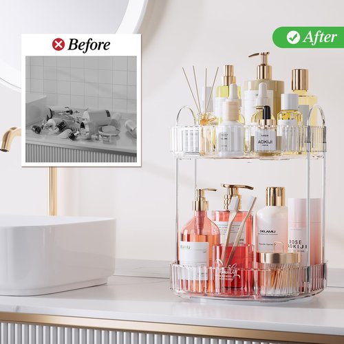 Delamu Rotating Bathroom Countertop Organizer, Large Capacity 2-Tier Multi-Function Storage for Cosmetics, Skincare, and Perfume. Makeup Organizer Countertop Ideal for Dresser, Bathroom,Vanity, Clear