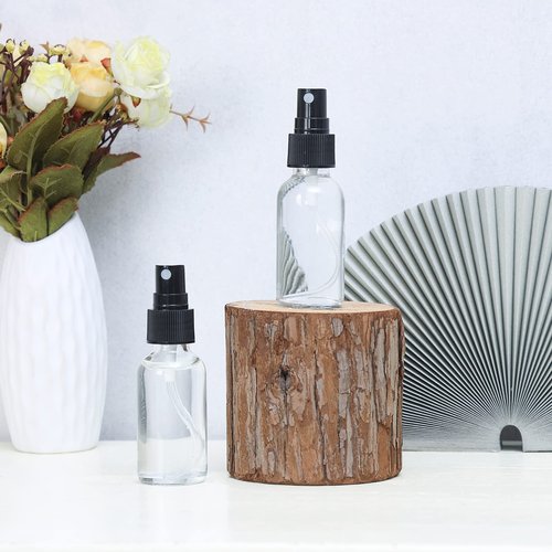YONKAN 2oz Glass Spray Bottle, Fine Mist Boston Glass Bottles with Black Fine Mist Sprayer Small Clear Bottles for Essential Oils, Bath, Beauty, Hair & Cleaning, Clear, Pack of 12