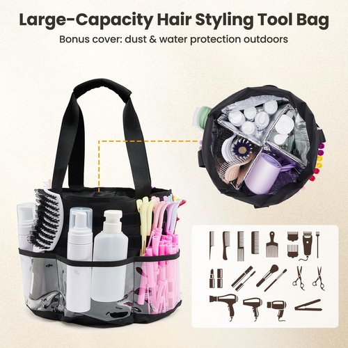 PUMHUBO Hairstylist Travel Bag, with Dust Cover, 11L Large Capacity, Heat-Resistant Interior, Clear Pockets, DIY Velcro Straps, Top Drawstring, Bathroom Cleaning/Pet Grooming Supplies Organizer