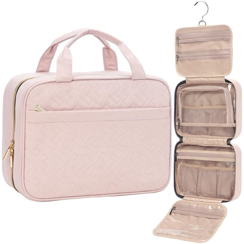 jerryfly Large portable women's travel toiletry bag with hanging organizer for full-size shampoo, conditioner, makeup brush set, makeup accessories (Pink)