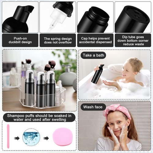 Yaomiao 130 Pcs Lash Shampoo Bottle Brushes Set 20 Foam Pump Dispenser 20 Cleaning Brush 20 Eyelash Extension Spoolies Tube 20 Instructions Cards 20 Aftercare Bags 20 Facial Sponge(Black)