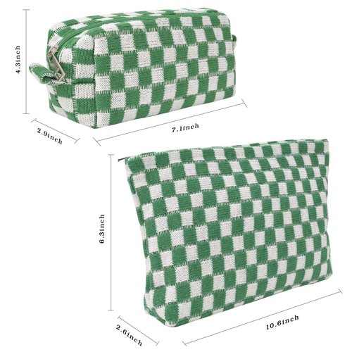 Makeup Bags Checkered Cosmetic Bag- 2PCS Travel Toiletry Bag Aesthetic Portable Accessories Pouch Preppy Pencil Checkered Pencil Pouch Case Cute Brushes Storage Bag for Women -Green