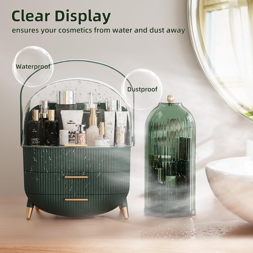 fanado Makeup Organizers Countertop, Makeup organization for Vanity, Cosmetic Storage with Lid and Drawers, Skincare Display Cases with for Desktop, Bathroom (Green)