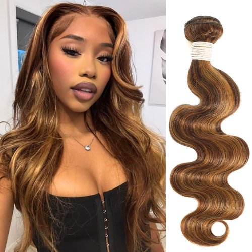 ALHER 4/27 Honey Blonde Highlight Body Wave Ombre Human Hair Bundle 16 Inch Brown Colored Bundles 12A 100% Brazilian Virgin Remy Human Hair Soft Wavy Weave 4/27 Highlight Color