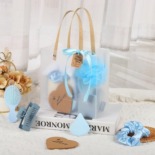 WAYASDCU 6 Sets Baby Shower Prizes for Game Winners Bath Sponges Heart Cork Coaster Headband Hair Brush Jewelry Box Compact Mirror Powder Puff Hair Tie Claw Gift Bag Bridal Shower