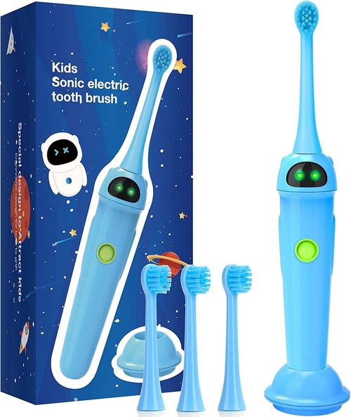 NBGRLVS Sonic Electric Toothbrush for Kids, 2 Modes with Memory, 2 Min Timer, Fun&Easy Clean, IPX7 Waterproof Rechargeable Kids Toothbrush for Age 3+, 3 Dupont Soft Bristles(Blue)