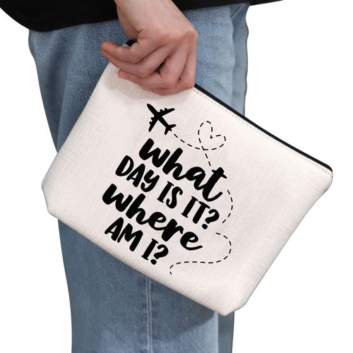 G2TUP Flight Attendant Gift What Day Is It Where Am I Makeup Bag Stewardess Aviation Cosmetic Bag Travel Bag for Stewardess Flight Crew (What Day Is It Where Am I White Bag)