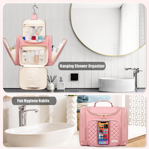 Romenrita Travel Toiletry Bag for Women, Hanging Toiletry Bag, Bathroom Bag Portable Shower Caddy for College Dorm Travel Shower Bag for Women Water-Resistant Cosmetic Makeup Bag (Pink)
