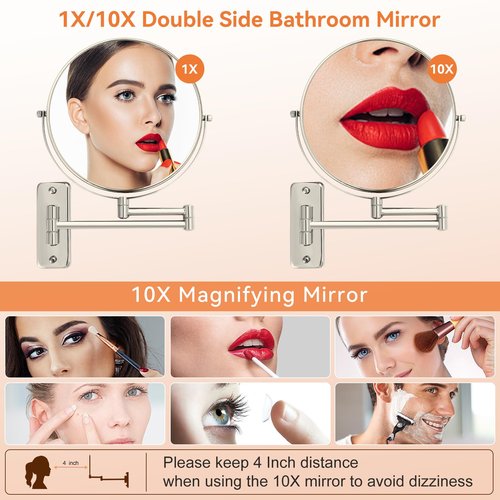 AumVum 8" Extendable Bathroom Mirror Wall Mount with 1X/10X Magnification, 360° Swivel Double Sided Vanity & Shaving Mirror, Nickel Finish (No Light)