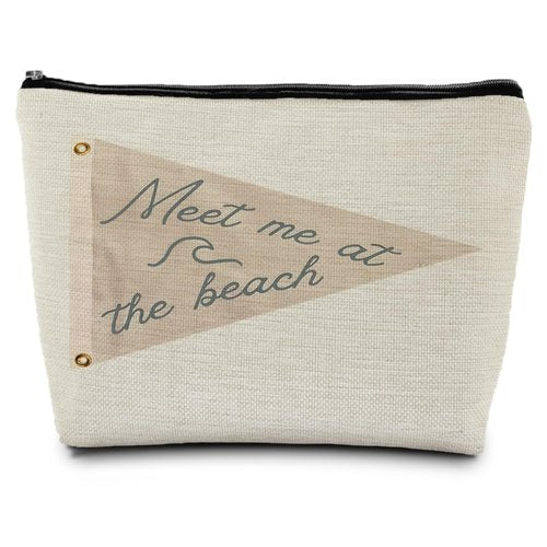 ignytiger Coastal Beach Makeup Bag, Meet Me at the Beach Canvas Cosmetic Bags for Women, Gifts for Ocean Lovers, Small Retro Cute Beige Nautical Zipper Makeup Pouches Gifts for Purse