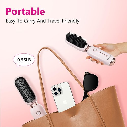 VAGARY Cordless Hair Straightener Brush,Portable Straightening Brush for Travel, 30s Fast Heat,3 Temp Settings,300 Million Negative Ions,USB Rechargeable,Anti-Scald Design Suitable for Thick,Thin Hair