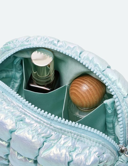Yarnic Quilted Makeup Bag Puffy Cosmetic Bag, Quilt Travel Toiletry Bag Puffer for Women, Cute Makeup Bag Organizer Soft Cosmetic Pouch (Iridescent Blue, S)