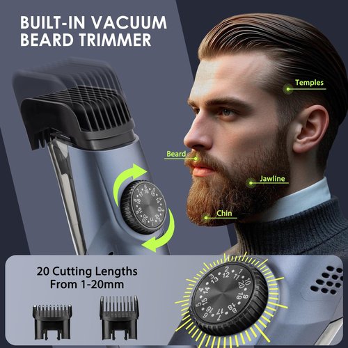 Vacuum Beard Trimmer for Men with 20 Length and Styles Adjustable, Built-in Vacuum Trimmer for Mustache, Sideburns, Facial Hair, Rechargeable Mustache Trimmer