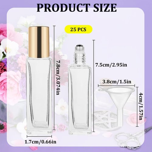 Hzmssore 25 Pcs 10 ml Roller Bottles for Essential Oils, Square Thick Empty Glass Roller Bottles with Stainless Steel Roller Balls Protection Leakproof with 2 Funnel for Travel, Gold