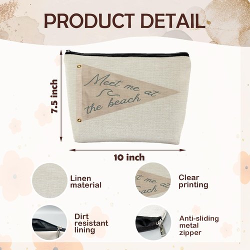 ignytiger Coastal Beach Makeup Bag, Meet Me at the Beach Canvas Cosmetic Bags for Women, Gifts for Ocean Lovers, Small Retro Cute Beige Nautical Zipper Makeup Pouches Gifts for Purse