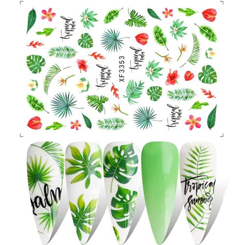 12 Sheets Summer Leaf Nail Art Stickers 3D Self-Adhesive Nail Decals Nail Art Supplies Palm Leaves Clover Nail Design for Women Manicure Nail Decorations Accessories