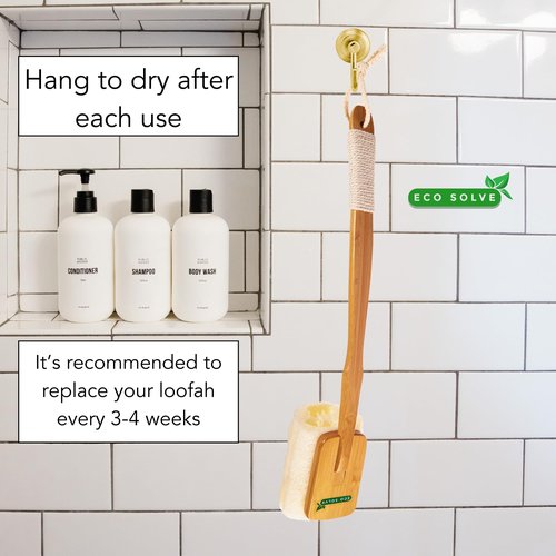 Eco Solve Natural Loofah Shower Scrubber w/Removable Bamboo Handle, Gentle Exfoliation, Long-Ergonomic Handle w/Hemp Rope Grip, Extra Loofah Included for Close Washing, Plastic-Free, Eco-Friendly