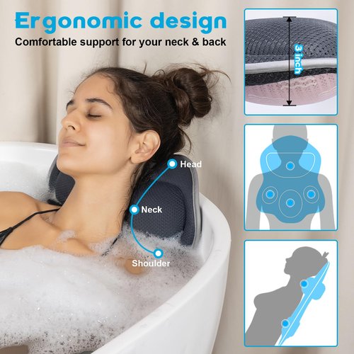 JUSDOO Luxury Bath Pillows for Tub – Extra Thick Non-Slip Bathtub Pillow with Rubber Back, Head & Neck Support for Soaking, Spa Bath Accessories, for Women, Fits All Bathtubs (Gray)