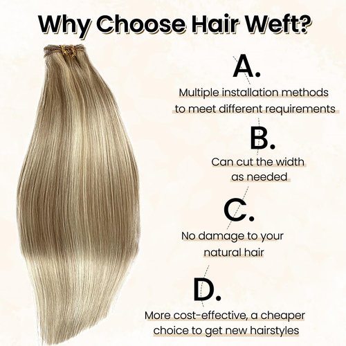 Sew in Hair Extensions Real Human Hair Ash Blonde with Platinum Blonde Highlights Weft Extension Real Remy Color Double Weft Full Head Straight Weaves Hand Tied Extensions for White Women 14 Inch