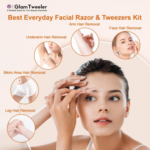 Women's Dermaplane Face & Eyebrow Razor Kit with GlamTweeler Slant Tweezers, Spoolie Brush, and Luxury Leather Storage & Travel Case + 10 Refill Blades (Rose Gold)